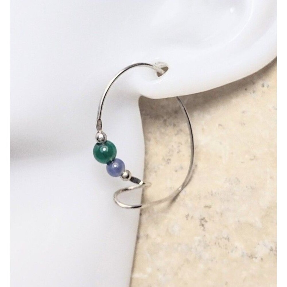 Modernist Sterling Silver Amethyst Chalcedony Beaded Hoop Earrings